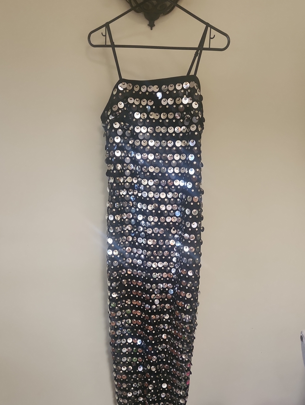 Black Sequin Spaghetti Strap Evening Dress